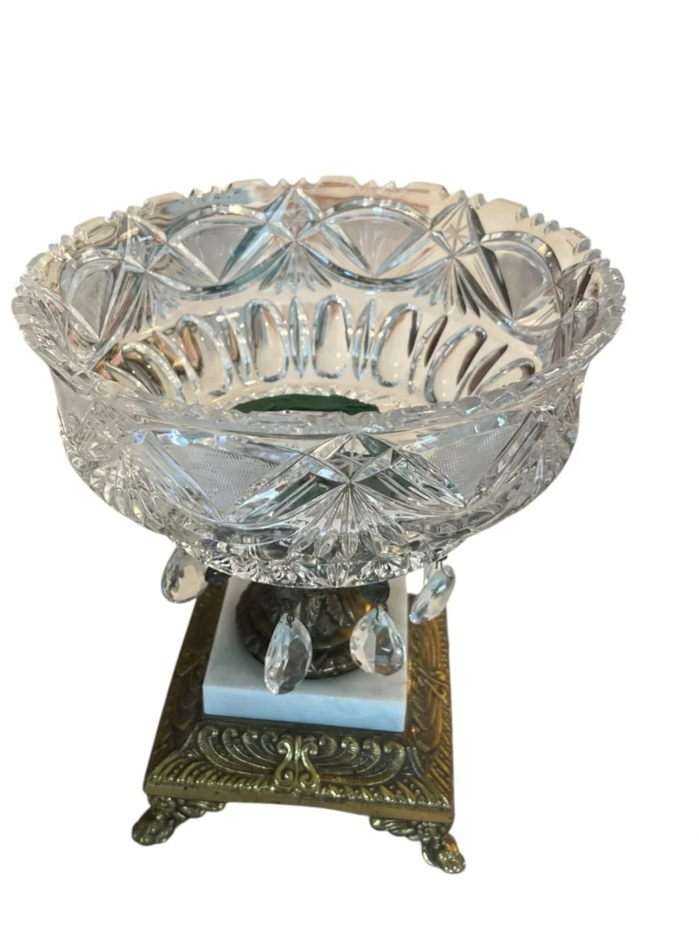 Vintage Cut Crystal Centerpiece Compote Bowl Brass & Marble Pedestal Prism Drops